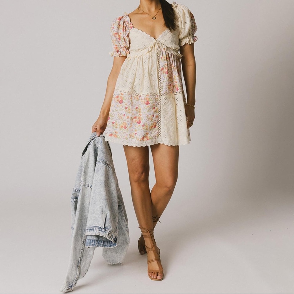 Cream and Floral Eyelet Patchwork Cottagecore Babydoll Mini Dress M Medium